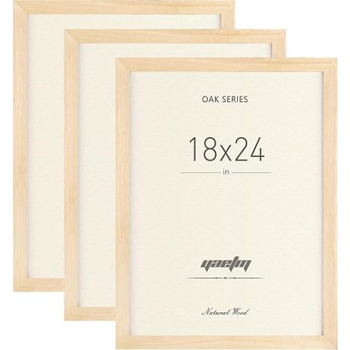 Yaetm 18x24 Wood Frame Set of 3, Natural Solid Oak Wood Frame for 18x24 Poster & Picture, Wide Molding, Wall Mount (3 pack, Oak)