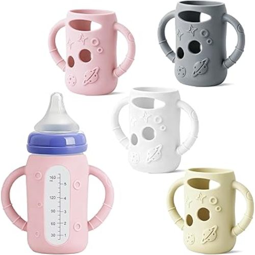 Lionpower 4 Pack Silicone Sleeves for Lansinoh Glass Bottles (Old Style) 5oz – Protective Covers with Handle, Non-Slip Baby Bottle Holder, Compatible with Lansinoh Bottles (Grey+Pink+Beige+White(5OZ))