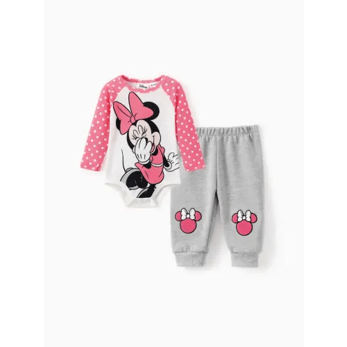 Disney Mickey and Friends Baby Girl 2pcs Naia™ Polka Dots Colorblock Long-sleeve Jumpsuit And Character Embroidered Pants Set Only $26.99 PatPat US Mobile