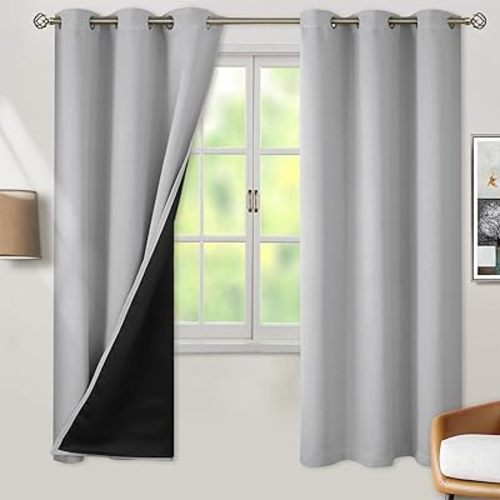 BGment Thermal Insulated 100% Blackout Curtains for Bedroom with Black Liner, Double Layer Full Room Darkening Noise Reducing Grommet Curtain (42 x 72 Inch, Light Grey, 2 Panels)