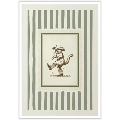 Whimsical Cowboy Cat Wall Art Vintage Cute Animal Walk Poster Sage Green Coastal Decor Striped Stamp Canvas Print Rustic Western Aesthetic for Nursery Living Room Apartment 16x24inch Unframed