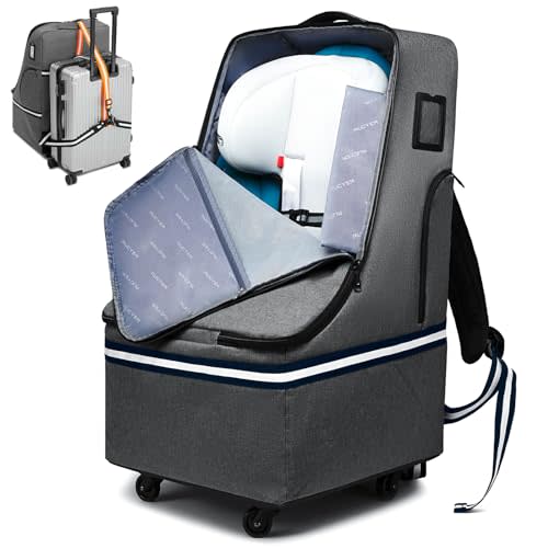 RUCYEN Rolling Car Seat Travel Bag, Padded Carseat Travel Backpack for Airplane,Large Durable Travel Bag with 4 Wheels,Adjustable Shoulder Strap and Waterproof Base Dark Grey