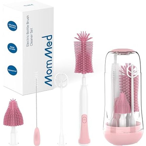 MomMed Electric Bottle Brush, Electric Baby Bottle Brush Set with Silicone Bottle/Pacifier/Straw Brush and Mixing Head, Waterproof Bottle Cleaner Brush with Drying Rack, 2 Modes & 360° Rotation Pink