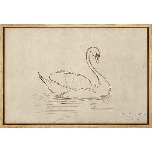 MUDECOR Framed Canvas Print Wall Art Classic Swan Sketch Elegant Hand-Drawn Swan on Water Scene Illustrations Impressionism Rustic Scenic Colorful for Living Room, Bedroom, Office - 16"x24" Natural