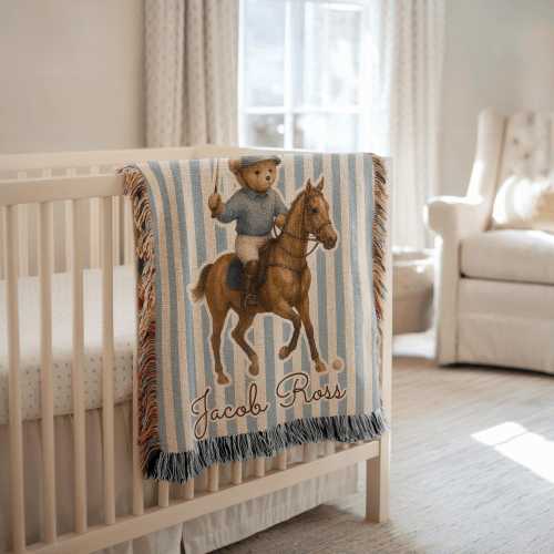 Polo Bear Baby Blanket with Name, Personalized Horse Riding Blanket for Boys Custom Nursery Decor Coming Home Gift  Newborn Boy Shower Gift