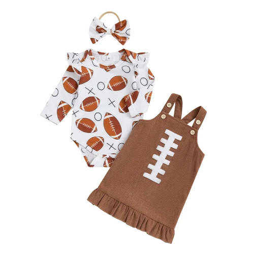 Baby Girl 3Pcs Fall Outfit Football Print Long Sleeve Romper with Ruff – August + Willow