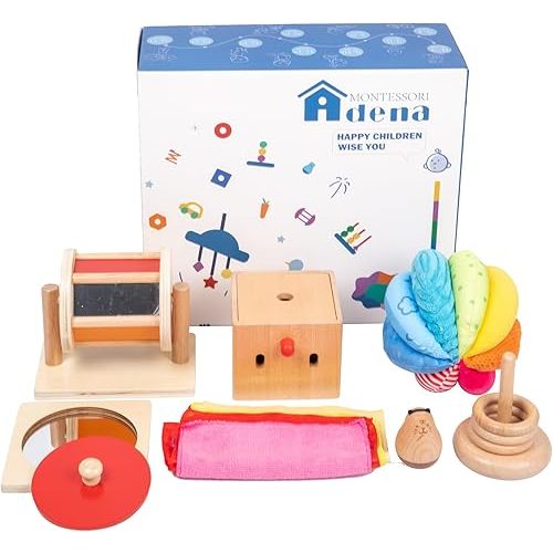 Montessori Toys Play Kit for 3-9 Months Baby Includes: Mirror Puzzle,Spinning Drum,Fabric Ball,Roly-Poly,Wooden Discs on Vertical Dowel 3,Tissue Box Intractive Interesting Toys