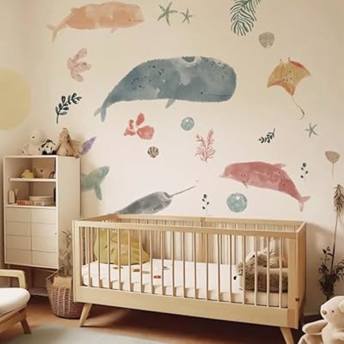 Ocean Life Whale Wall Stickers Decor,Peel and Stick Underwater Sea Animal Wall Decor,Vinyl DIY Watercolor Decals for Babies Kids Nursery Bedroom Bathroom Playroom Wall Art 1 Roll 3 Sheets