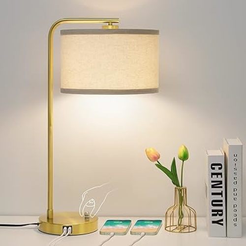 Fully Dimmable Bedside Lamp with Dual USB Ports, Mordern Gold Nightstand Lamp Desk Reading Lamp with Beige Drum Shade, Tall Side Table Lamp for Living Room Bedroom Office, 9W LED Bulb Included