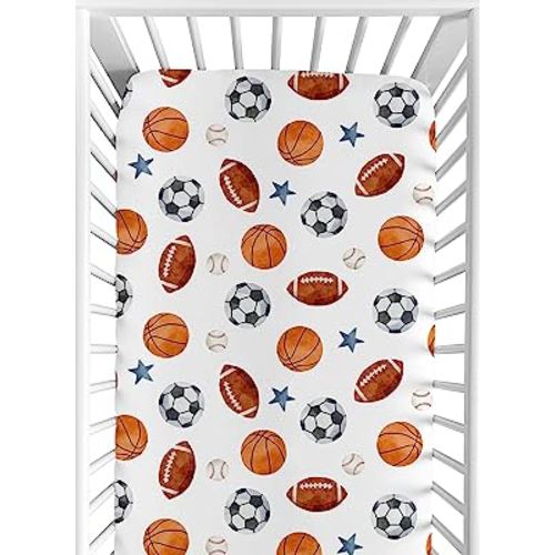 Sweet Jojo Designs Sports Theme Boy Baby Fitted Crib Sheet Infant Newborn Nursery Toddler Bed Room Standard Mattress Watercolor Vintage Sport Themed Soccer Balls Football Baseball Basketball Blue Star