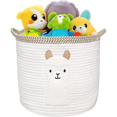 Llama Woven Cotton Rope Laundry Basket, Storage Basket, Gift Baskets, Toy Baskets Organizer, Laundry Hamper for Living Room Playroom Bedroom (White and Brown)