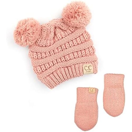 Funky Junque Knit Infant Double Pom Pom Beanie and Matching Fleece Lined Soft Mittens Set for Baby Newborn Boy Girl