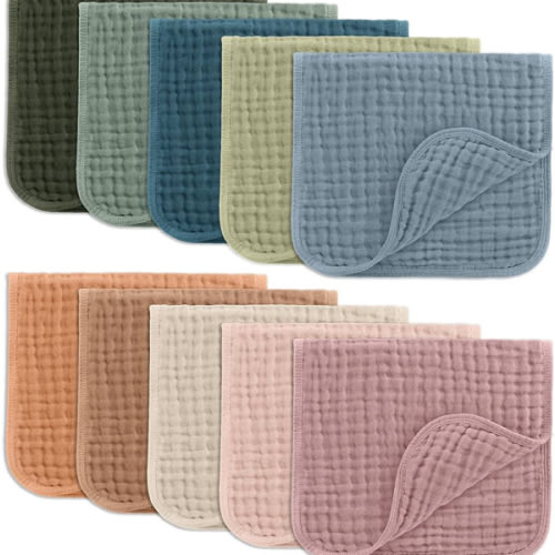 Comfy Cubs Muslin Burp Cloths 20" x 10", Pack of 10 - Large, 6-Layer, Ultra Absorbent 100% Cotton for Baby Drool and Messes - Soft, Safe & Gentle Baby Burp Cloths for Boys & Girls - Multi