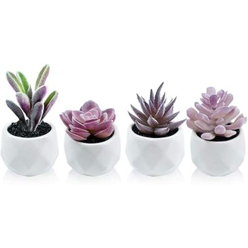 Tiita Purple Artificial Faux Succulents in Pots, Mini Purple Fake Plants for Women Desk, Small Realistic Faux Succulents for Home Office Accessories Window Sill Bathroom Bedroom 4 Set, Purple