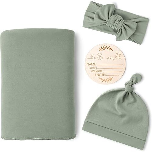 Newborn Receiving Blanket with Matching Headband and Beanie Set