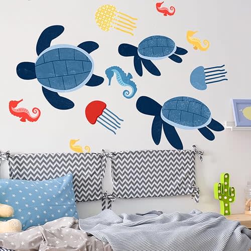 Ocean Wall Decals, Under The Sea Animals Wall Stickers, Waterproof Peel and Stick Removable Ocean, for Baby Nursery Boy Girls Room Bedroom Bathroom Playroom Classroom Decor. (Turtle Wall Decal)