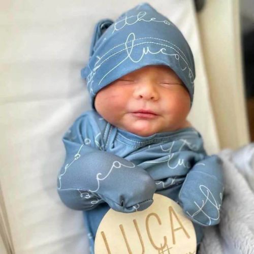 Solid Dusty Blue Personalized Newborn Baby Knot Gown & Hat
