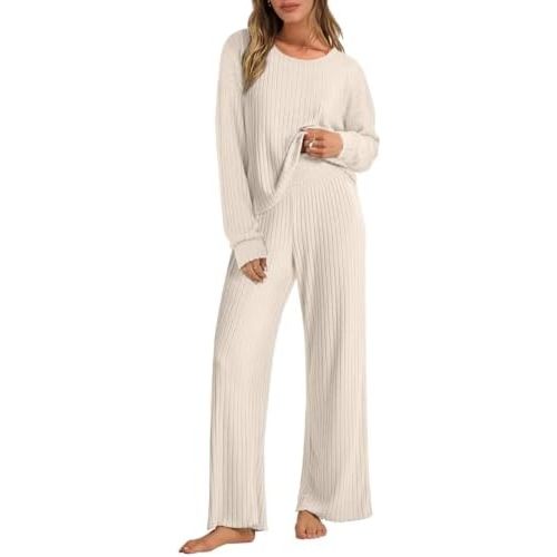 ANRABESS Women 2 Piece Lounge Pajamas Sets Casual Ribbed Knit Long Sleeve Top Pants Matching Set 2024 Fall Outfits Clothes