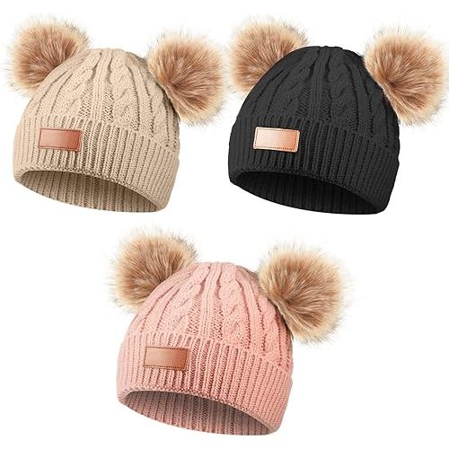 Kids Winter Pompom Hat Knitted Ski Beanie Hat Double Pom Beanie Cap for Girls Boys, for 1-3 Years Old