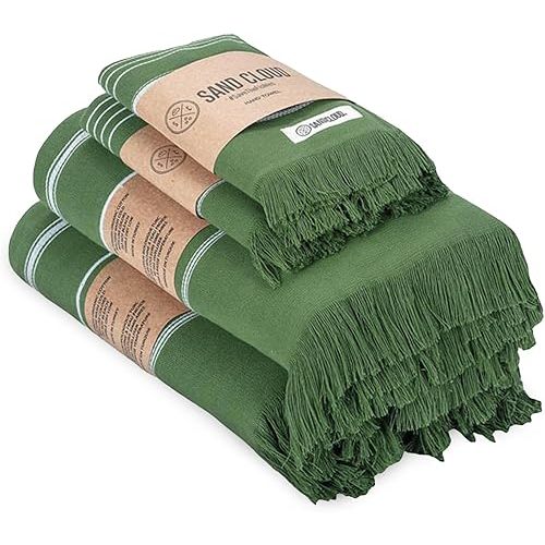 Sand Cloud Turkish Bath Towels Bundle for Bathroom, Set of 4 (Classic Green) - Large Size - 100% Certified Organic Cotton Yarn is Lightweight, Soft & Absorbent - Premium Bath Towels Dry Faster