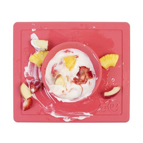 ezpz Happy Bowl (Coral) - 100% Silicone Suction Bowl with Built-in Placemat for Toddlers + Preschoolers - Dishwasher Safe (LMHBC004)