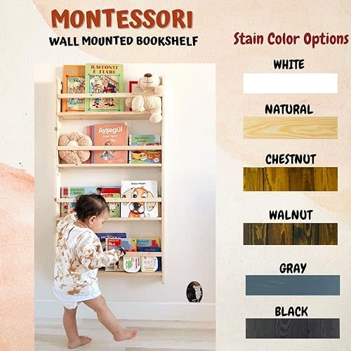Handmade Solidwood Wall Mounted Montessori Kids Bookshelf, 4 Tier Book Display for Children Bedroom, Nursery Furniture Bookcase, Wood Pine Tree Book Organiser for Living Room (Walnut)