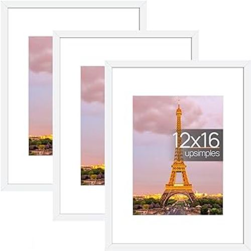 upsimples 12x16 Picture Frame Set of 3, Made of High Definition Glass for 8.5x11 with Mat or 12x16 Without Mat, Wall and Tabletop Display Photo Frames, White