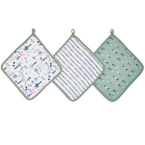 aden + anais Essentials Classic Washcloth Set, Super Soft 100% Cotton Muslin, 3-Pack, Dinotime