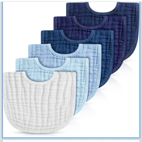 Frienda 6 Pcs Muslin Bibs Burp Cloths for Baby Teething Bandana Bibs 6 Absorbent Layer for Baby Boy Girl Cotton Burping Cloth(Blue Series)