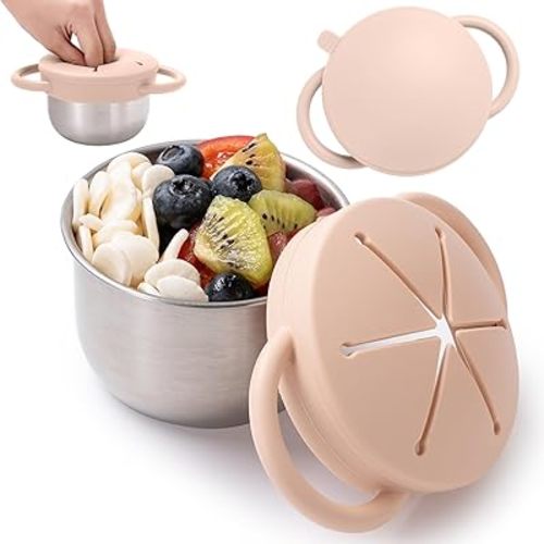 1 Pack Snack Containers for Toddlers, Stainless Steel Toddler Snack Cups with Silicone Food Catcher & Lids,Snack Cups for toddlers Spill Proof