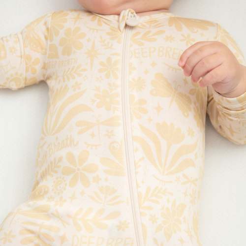 Om Baby Beige | Bamboo Footie Onesie Sleeper | "Deep Breath" | Thermo-Regulating, Double Zipper, 4-Way Stretch | Raising Mama