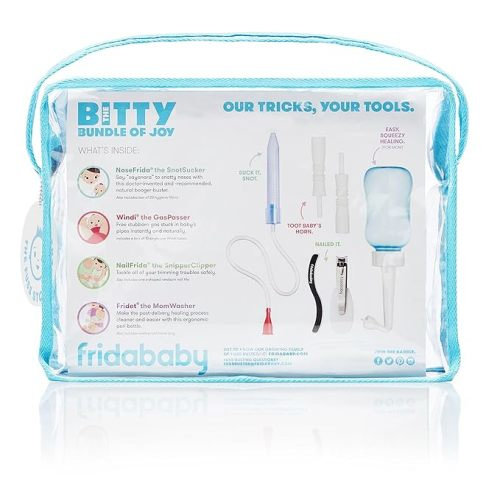 Frida Baby Bitty Bundle of Joy Mom & Baby Essentials Healthcare and Grooming Gift Kit Includes Peri Bottle, NoseFrida Snotsucker, Windi Gaspasser & Nail Clipper + File Set