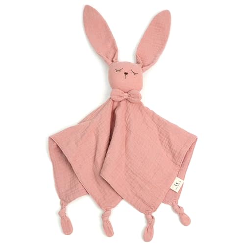 Little Rawr Organic Cotton Muslin Bunny Loveys for Babies Baby Security Blanket Baby Snuggle Toy Newborn Essentials Must Haves(Rabbit-Pink)