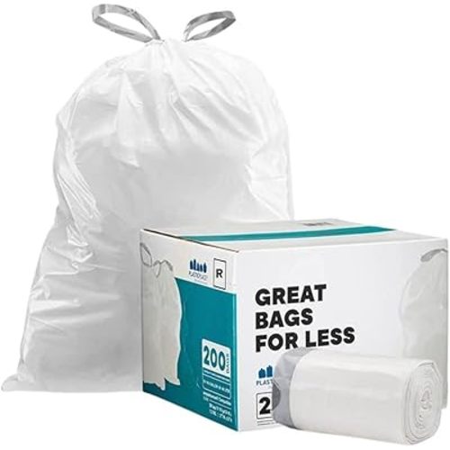 Plasticplace Custom Fit Trash Bags, Compatible with simplehuman Code R (200 Count) White Drawstring Garbage Liners 2.6 Gallon/ 10 Liter 16.5" x 18"