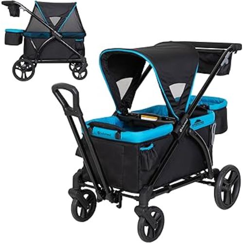 Baby Trend Expedition 2 in 1 Push or Pull Stroller Wagon Plus with Canopy, Car Seat Adapter, and Built-In Seating for 2 Children, Blue