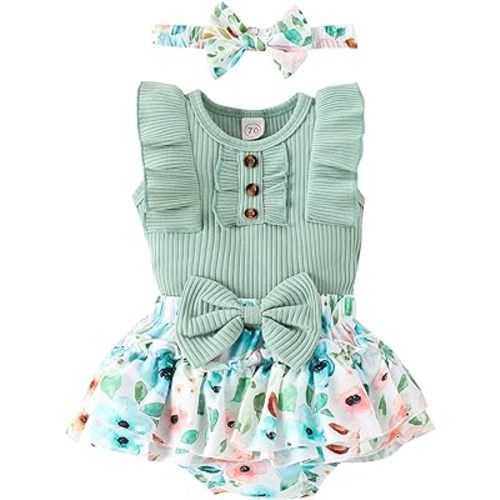 Baby Girl Clothes Newborn Infant Summer Outfits Ruffle Romper and Shorts with Headband Sets for 0-3-6-9-12-18 Months