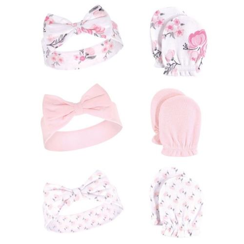 Hudson Baby Infant Girl Cotton Headband And Scratch Mitten 6pc Set, Pink Floral, 0-6 Months