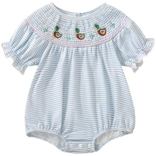 Summer Outfit Baby Girl Short Sleeve Romper Bodysuit Jumpsuit Striped Embroidered Mallard Duck Clothes
