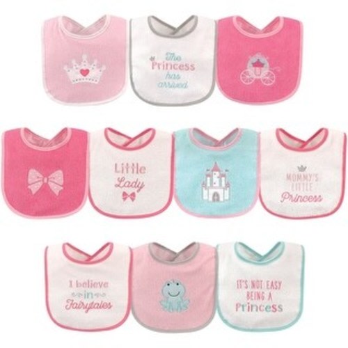 Luvable Friends Baby Girl Cotton Terry Drooler Bibs with PEVA Back 10pk, Princess, One Size - One Size