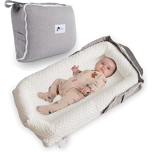 Joyful Journeys Baby Lounger for Newborn - Soft Cotton Convertible Diaper Bag Baby Nest Lounger for 0-18 Months, Breathable Newborn Lounger Cover, Portable Infant Lounger Floor Seat (White Minky)