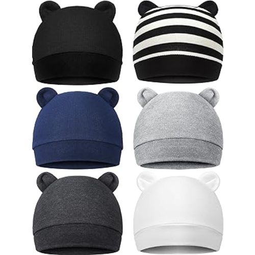 6 Pieces Newborn Baby Hat Bear Ears Infant Caps Baby Boy Girl Toddler Hats Infant Beanie Caps for 0-3 Months - Medium - Black White, Black, Navy Blue, Black Gray, Gray, White
