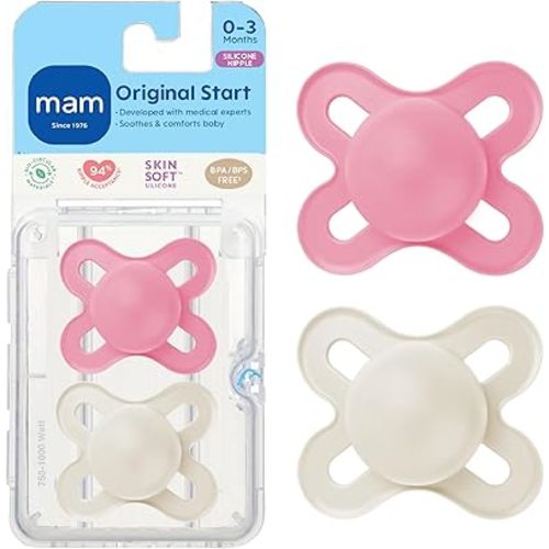 MAM Original Start Matte Baby Pacifiers, Binky for 0-3 Months, BPA-Free Silicone Nipple, Easy to Clean, Best for Newborn Babies, Developed with Medical Experts, 2 Count Binkies with Sterilizer Case