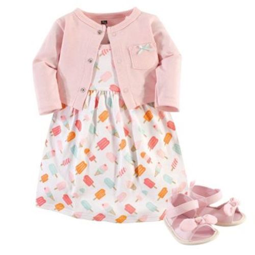 Hudson Baby Infant Girl Cotton Dress, Cardigan and Shoe 3pc Set, Ice Cream