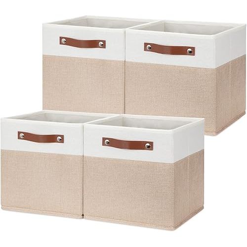 HNZIGE Fabric Storage Baskets Cubes Bins for Shelves, 11 x11 Foldable Storage Bins, Decorative Storage Basket with Leather Handles for Storage Clothes Home Nursery(White Beige-4Pack)