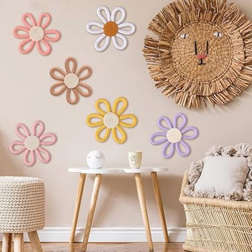 6 Pcs Boho Nursery Daisy Flower Wall Art Decor Woven Macrame Wall Pediments Boho Daisy Floral Nursery Art Decor for Home Bedroom Decorations(Colorful,Yarn and Cotton Rope)