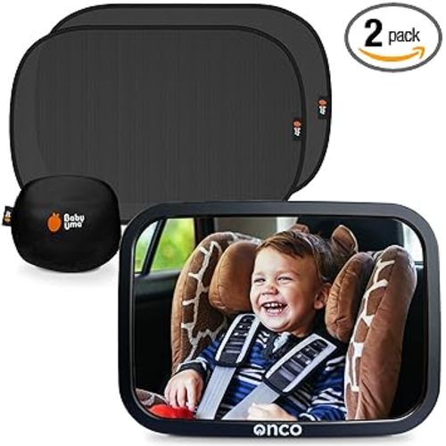 Onco Baby Car Mirror & Car Window Shades Bundle (18.9″ × 12″) - UPF 50+ Window Shade, 100% Shatter-Proof Car Mirror for Baby, Universal Shades & Mirror
