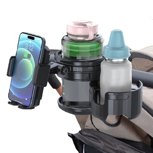 3-in-1 Stroller Cup Phone Holder Attachment, Universal Cup Holder with Adjustable Phone Mount, Double Cup Holder for Walker, Wheelchair, Fits Most Donna, Uppababy, Bugaboo, Anti-Slip & Easy Install