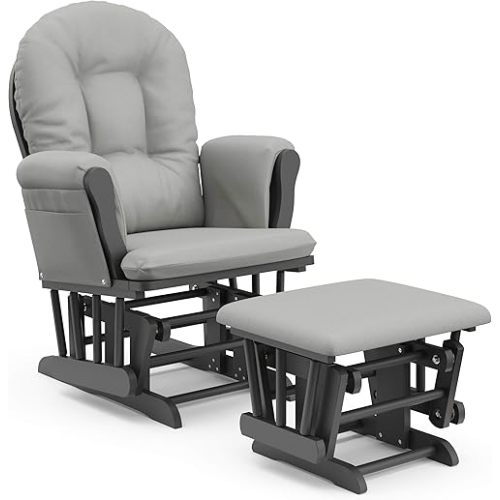 Storkcraft Premium Hoop Glider and Ottoman (Pebble Gray with Light Gray) – Padded Cushions with Storage Pocket, Smooth Rocking Motion, Easy to Assemble, Solid Hardwood Base