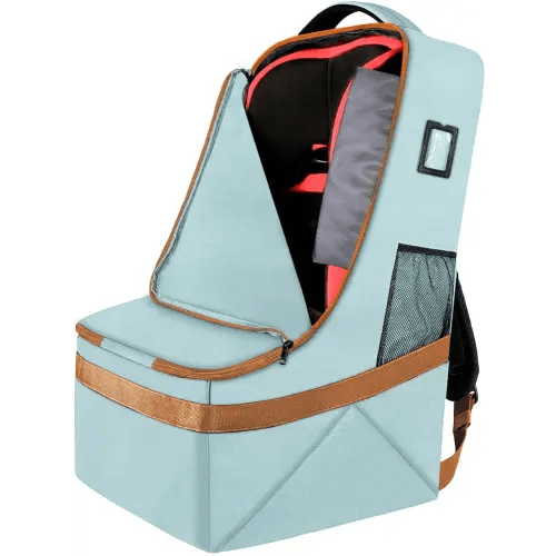 YOREPEK Car Seat Travel Bag, Padded Car Seat Bags for Air Travel, Carseat Travel Cover Backpack with Shoulder Straps, Large Gate Check Bag for Car Seats and Baby Travel Essential(Light Cyan)
