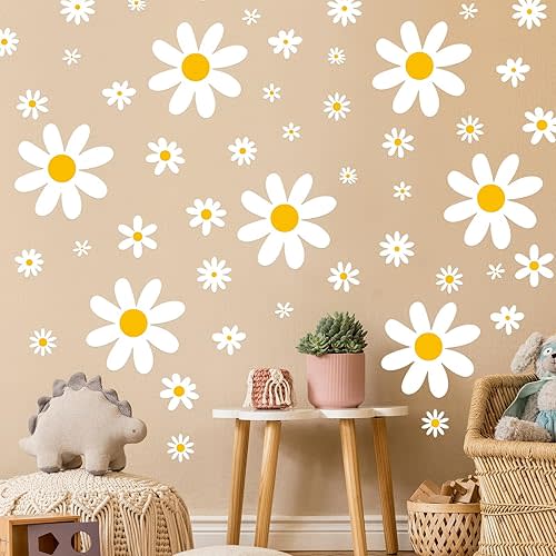 TaoBary 165 Pieces 15 Sheet Large Daisy Wall Decals Flower Stickers Vinyl Peel and Stick Floral Decal Daisy Wall Decor for Nursery Playroom Bedroom Living Room(Cute)